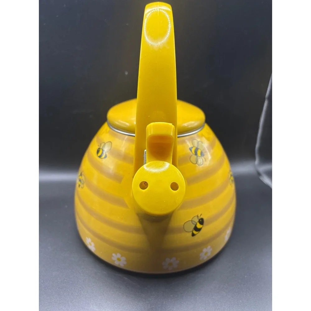 Bumblebee Honey Pot Whistling Tea Kettle Yellow Enamel Stovetop Bee Daisy Design
